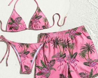 Matching Couple Flamingo Bikini and Trunks, Tropical Palm Beachwear Set, Couple Gift