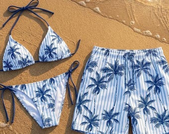 Matching Couple Swimwear Set, Blue Palm Tree Bikini & Trunks, Tropical Beachwear, Honeymoon Anniversary Gift