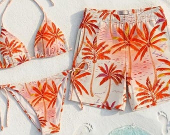 Matching Couple Swimwear Set, Tropical Palm Tree Summer Beachwear