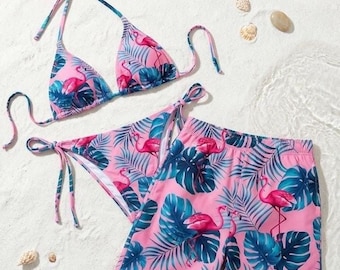 Costumi da bagno coordinati per coppie con fenicottero rosa, completi estivi per lui e per lei, bikini tropicale e costume da bagno da uomo, abbigliamento da spiaggia hawaiano per la luna di miele.