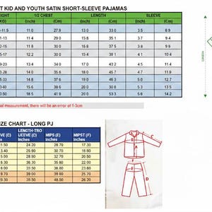 Puede incluir: Tablas de tallas para pijamas de sat&eacute;n de manga corta y larga para ni&ntilde;os y j&oacute;venes. Las tablas incluyen medidas en pulgadas para largo, pecho, manga y cintura. La imagen tambi&eacute;n incluye diagramas de los conjuntos de pijamas.