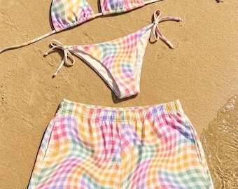 Retro Wavy Gingham Matching Couple Swimwear, Pastel Checkered Bikini and Men's Swim Shorts, Colorful Trippy Plaid Beachwear Set, Summer Gift
