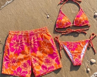 Matching Couple Swimsuits Tropical Floral, Honeymoon Beach Outfits, Romantic Anniversary Gift for Couple, Hawaii Style Bikini and Shorts Set
