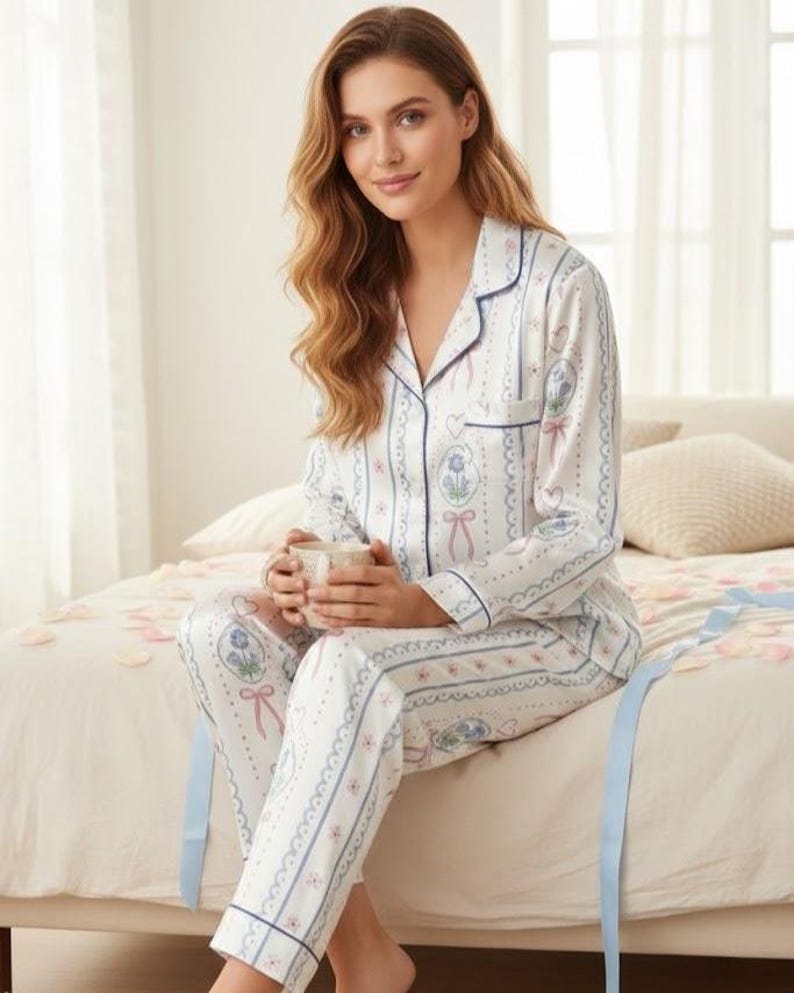 K&ouml;nnte beinhalten: Wei&szlig;es Pyjama-Set mit Blumen- und Schleifenmuster, mit blauen Akzenten. Das lang&auml;rmlige Oberteil und die Hose haben ein zartes Design. Das Model sitzt mit einer Tasse in der Hand auf einem Bett.