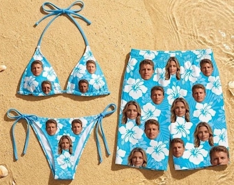 Bikini con cara personalizada y bañador para hombre, traje de baño con cara personalizada, regalo divertido para el novio o la novia, conjunto de baño a juego para parejas.