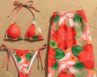 Matching Couple Swimwear Tropical Hibiscus Teal,  Matching Bikini and Men's Swim Trunks, Honeymoon Beachwear Gift