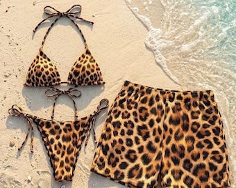 Bikini y bañador con estampado de leopardo, conjunto de ropa de playa con estampado animal salvaje