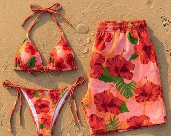 Matching Couple Swimwear Tropical Hibiscus, His and Hers Summer Outfits, Navy Floral Bikini and Men's Swim Trunks, Honeymoon Beachwear Gift