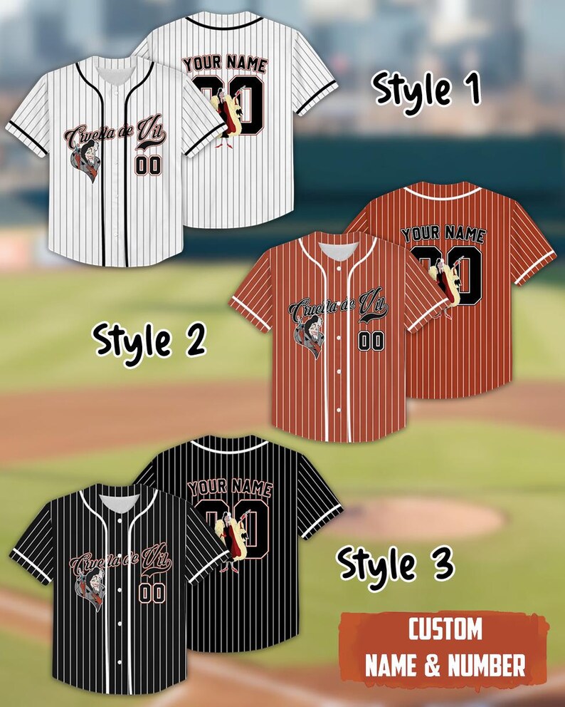 May include: Baseball jerseys in three styles: white with black stripes, red with white stripes, and black with white stripes. Each jersey features a team logo, the number "00", and the text "YOUR NAME" with the number "30" on the back. The text "CUSTOM NAME & NUMBER" is also present.