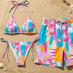 Aloha flamingo patchwork bikiniset, bijpassende boardshort voor heren, kleurrijk tropisch koppelzwempak, zomercadeau voor koppel