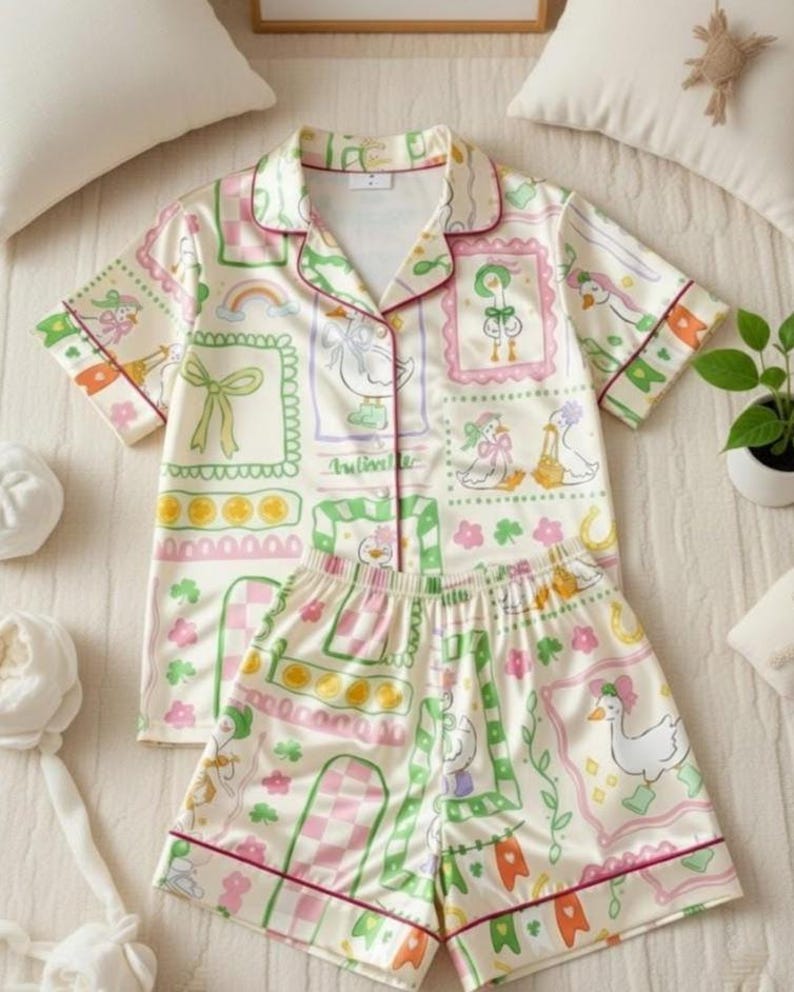 Relax in whimsical charm with this Cute Goose pajama set, featuring adorable duck and goose illustrations dressed with bows, boots, flowers, and lucky green details. Inspired by coquette, cottagecore, and playful St. Patrick’s Day vibes, this design feels soft, dreamy, and cozy.