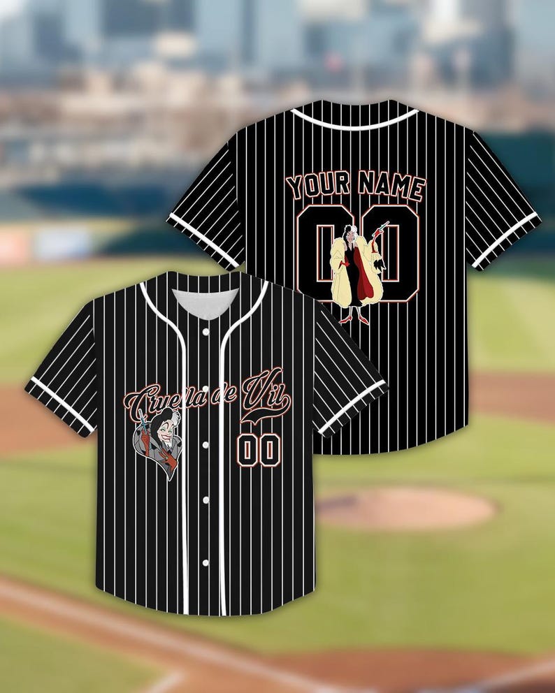 May include: Black and white pinstripe baseball jersey with white trim. The front features the text "Cruella de Vil" and a cartoon image. The back has "YOUR NAME" and the number "00".