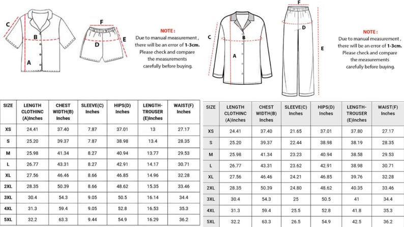 Puede incluir: Diagrama de conjuntos de pijama con medidas en cm. Incluye camisa de manga corta y pantalones cortos, y camisa de manga larga y pantalones. La tabla de tallas muestra la longitud de la ropa, el ancho del pecho, la manga, las caderas, la longitud del pantal&oacute;n y la cintura.