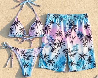 Trajes de baño a juego para parejas con estampado de palmeras al atardecer, bañadores morados y rosas, conjuntos de verano para él y para ella, bikini tropical y bañador.