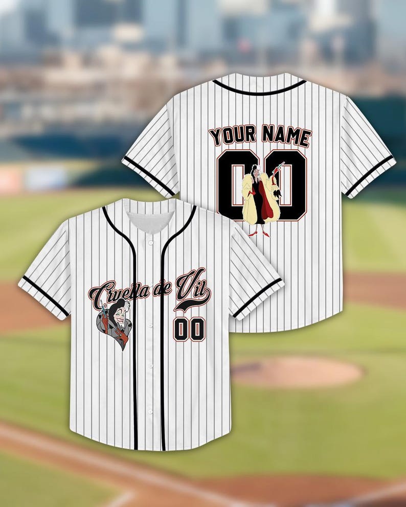 Make a bold statement with this Disney Cruella baseball jersey, inspired by the iconic villain Cruella de Vil. Featuring a classic pinstripe design and striking Cruella character artwork printed on the front, this jersey is fully personalized with a custom name and number on the back, creating a fierce and stylish fan look.