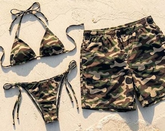 Camo Print Bikini & Swim Trunks, Military Camouflage Summer Beachwear, Honeymoon Anniversary Gift