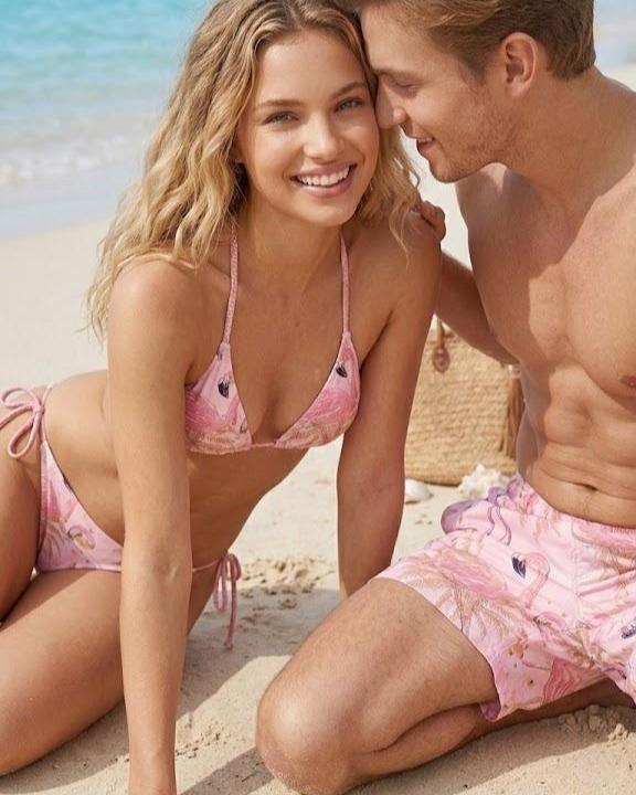 Discover Matching Pink Flamingo and Palm Leaf Bikini Set for Women