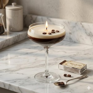 Könnte beinhalten: Eine Kaffee-Duftkerze in einem Stielglas, mit einer cremeweißen oberen Schicht und einer dunkelbraunen Basis, verziert mit Kaffeebohnen. Eine angezündete Streichholzschachtel und ein kleiner Löffel mit Kaffeebohnen befinden sich neben der Kerze.