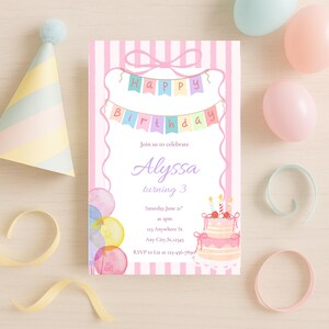 May include: A pink and white birthday invitation with the text "Happy Birthday" and "Alyssa turning 3". The invitation features a watercolor cake, balloons, and a party hat. The invitation is decorated with pink stripes and ribbons.