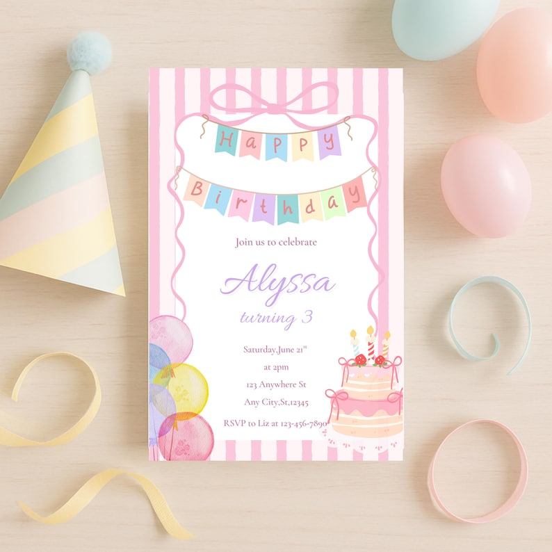 May include: A pink and white birthday invitation with the text "Happy Birthday" and "Alyssa turning 3". The invitation features a watercolor cake, balloons, and a party hat. The invitation is decorated with pink stripes and ribbons.