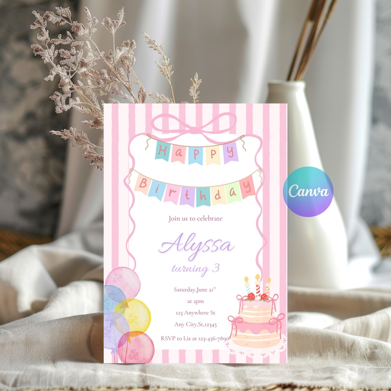 Pastel Birthday Canva Invitation, Girls Banner Invite, Editable Template, Personalized invite, Bday invitation, Mini party invite(Digital) image 1