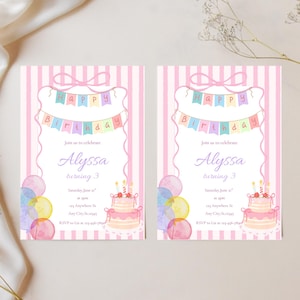 May include: Two pink birthday invitations with vertical stripes. Each card features a banner that says "Happy Birthday" and a watercolor cake. The text reads "Alyssa turning 3". Balloons and a cake are also shown.