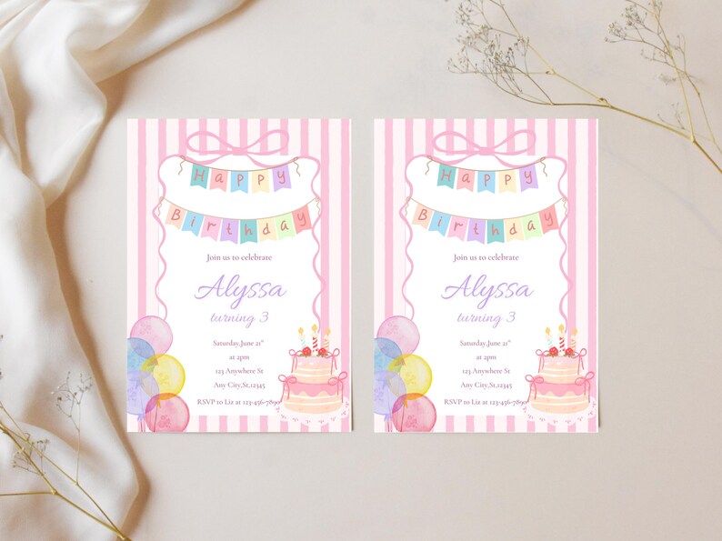 May include: Two pink birthday invitations with vertical stripes. Each card features a banner that says "Happy Birthday" and a watercolor cake. The text reads "Alyssa turning 3". Balloons and a cake are also shown.