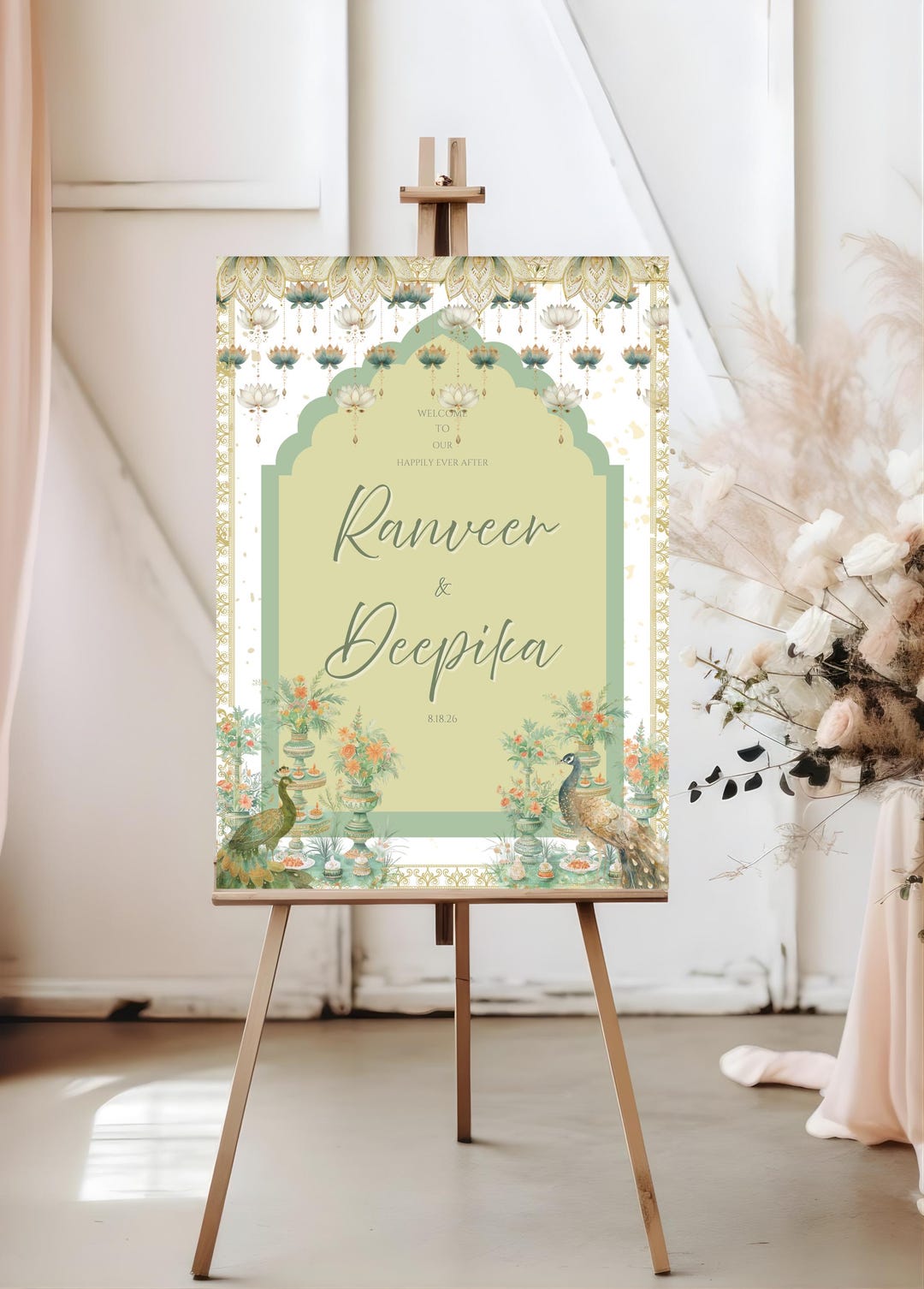 Indian Wedding Welcome Sign Template, Peacock Floral Decor (digital ...