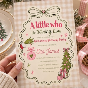Little Who 2nd Birthday Invitation, Whoville Invite, Pink Grinchmas Party, Christmas, Editable Canva Template