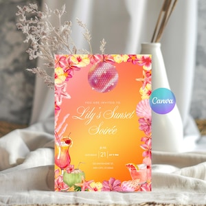 May include: A vibrant invitation card with a gradient orange and pink background. The card features a disco ball, tropical flowers, and cocktails. Text reads "Lily's Sunset Soirée" and event details.
