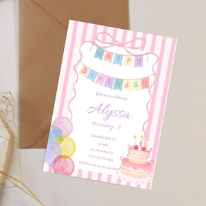 May include: A pink and white striped birthday invitation with the text "Happy Birthday" on a banner. The invitation includes the name "Alyssa" and the age "3", along with party details and a cake illustration.