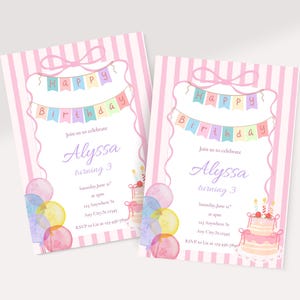 May include: Two pink and white striped birthday invitations. Each invitation features a banner that says "Happy Birthday" and includes the name "Alyssa" and the number "3". Watercolor balloons and a cake are also shown.
