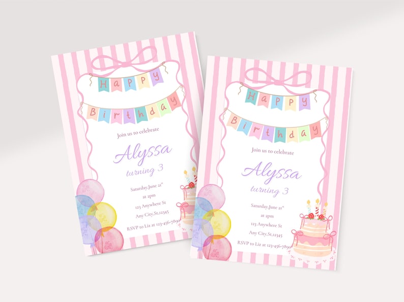 May include: Two pink and white striped birthday invitations. Each invitation features a banner that says "Happy Birthday" and includes the name "Alyssa" and the number "3". Watercolor balloons and a cake are also shown.