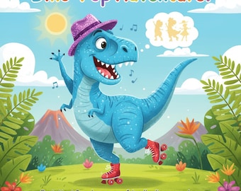 May include: A cartoon illustration of a blue dinosaur wearing a sparkly purple hat and roller skates. The dinosaur is dancing in a colorful outdoor scene with the text "Dino-Pop Adventure!" above. The text below reads: Meet Dazzle, a super friendly dinosaur who loved to dance!
