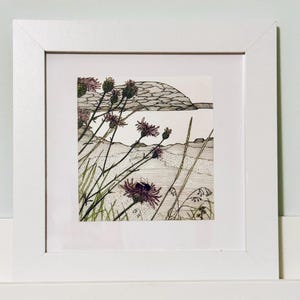 Bee by the sea, signed 20x20cm floral art print - unframed, free delivery