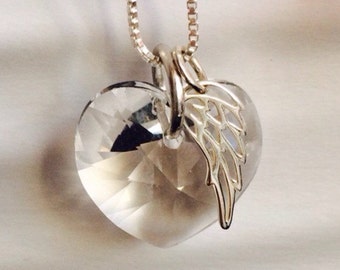 Memorial Necklace - Angel Jewelry -Crystal Heart Necklace - Angel Wing Necklace - April Birthstone - Birthday Gift for Her