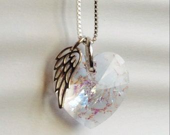 Memorial Jewelry - Sterling Silver - Angel Wing Heart Necklace  - Memorial Jewelry Remembrance - white patina