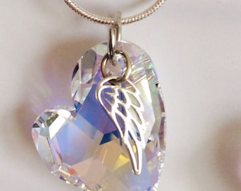 Memorial Necklace - Gift for Mom- Crystal Heart Necklace - Memorial jewelry- Swarovski® "Devoted" Angel Wing Necklace - Jewellry