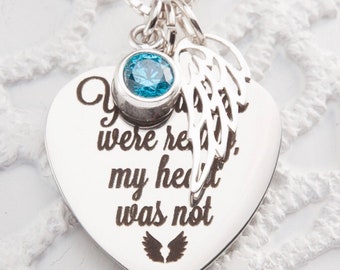 Angel Birthstone Memorial Necklace - Angel Gift - Memorial Gift - Your Wings Were Ready, My Heart Was Not- Laser Engraved