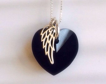 Memorial Necklace - Memorial Jewelry - Crystal Black Angel Wing Necklace - Black Crystal