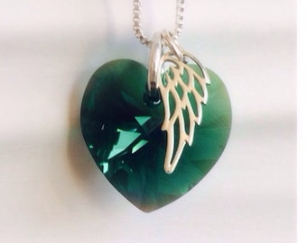 Emerald Green Color Heart - Angel Wing Necklace - Memorial Necklace - May Birthstone - Angel - Birthstone Jewelry- Irish Jewelry