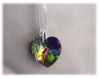 Angel Wing Necklace - Bereavement jewelry - Rainbow Heart Necklace - Rainbow Crystal Necklace - Rainbow Heart Charm