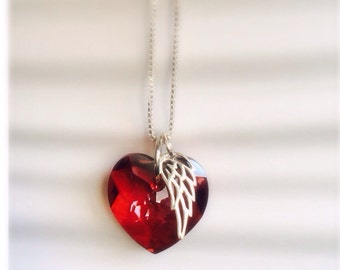 Valentines Day Gift - Red Heart Necklace - Red Crystal Necklace - Red Heart Charm - Red Angel Wing Necklace -