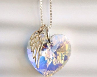 Loss of Husband - Miscarry Jewelry - Memorial -  Crystal Heart Necklace  Crystal Sterling Silver -  Angel Wing Necklace - Memorial