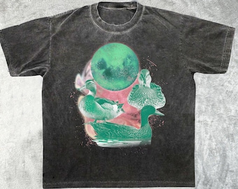 Camiseta con estampado de pato retro, camiseta vintage con luna, colores lavados y cómodos