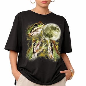 Maglietta con tre rane e la luna, maglietta grafica retrò con animali selvatici, maglietta Comfort Colors per gli amanti delle rane