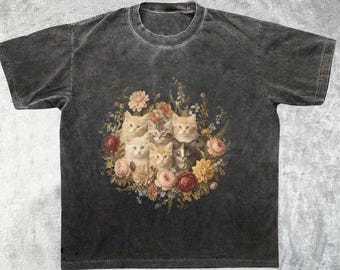 Vintage Floral Cat Tee, Nature Graphic T-Shirt, Cat Lover Gift