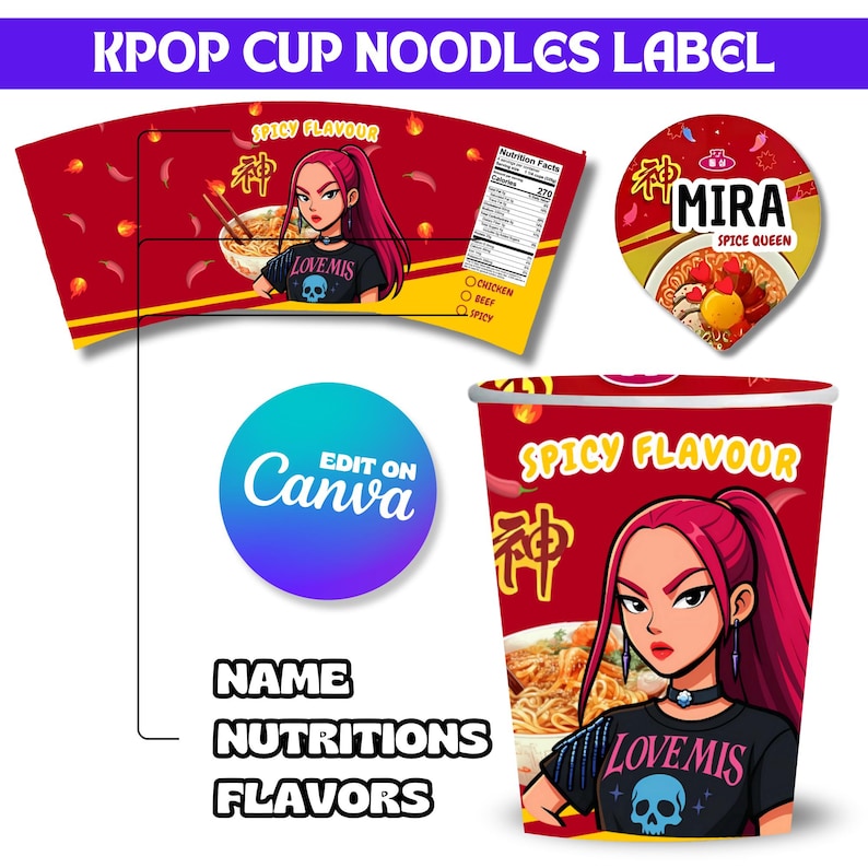 Kpop Demon Hunters, Cup Noodle Etiketter Ramyeon, Cosplay Party Huntrix Ramen, Rumi Mira Zoey, Kpop-fest, Utskrivbart paket, Halloween-fest bild 4