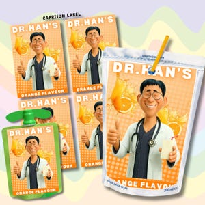 May include: Orange-flavoured fruit juice drink pouches featuring the text "DR. HAN'S" and a cartoon doctor giving a thumbs up. The pouches have a straw and a green cap. The label says "Orange Flavour" and "200 ml e".