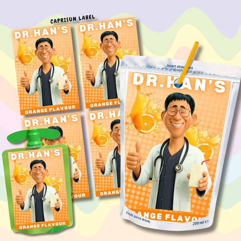 May include: Orange-flavoured fruit juice drink pouches featuring the text "DR. HAN'S" and a cartoon doctor giving a thumbs up. The pouches have a straw and a green cap. The label says "Orange Flavour" and "200 ml e".